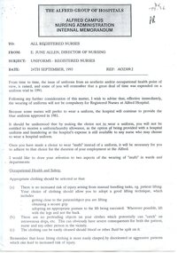 First page of nternal memorandum: Uniforms for Registered Nurses, Alfred Hospital, 1993