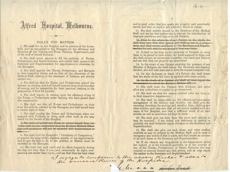 Alfred Hopital, Melbourne Rules for Matron [ca.1912
