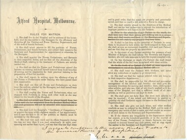 Alfred Hopital, Melbourne Rules for Matron [ca.1912
