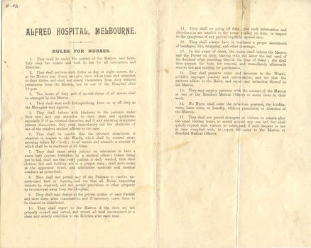 Alfred Hospital, Melbourne Rules for Nurses [ca 1900]