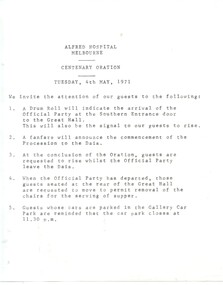 Document - Instruction information, Alfred Hospital, Additional information about the Alfred Hospital Centenary Oration, 1971