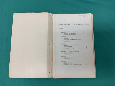 Index page Alfred Hospital Gynaecology Lectures [ca.1960’s]