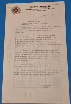 First page of Open Day Information: Centenary Open Day, Alfred Hospital, Saturday 8th May, 1971