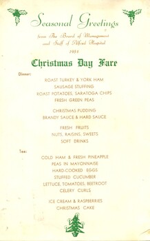 Menu: Christmas Day Fare, Alfred Hospital , 1954
