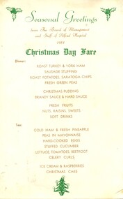 Menu: Christmas Day Fare, Alfred Hospital , 1954