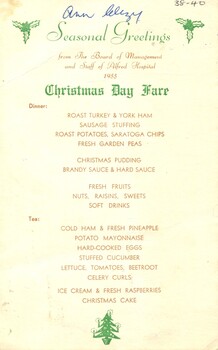 Menu: Christmas Day Fare, Alfred Hospital , 1955