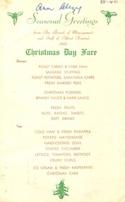 Menu: Christmas Day Fare, Alfred Hospital , 1955