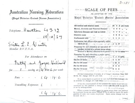 Scale of fees, as adopted by the Royal Victorian College of Nursing [ca. 1920's], for private nurses (photocopy)