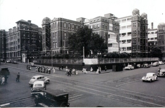 Queen Victoria Hospital at the corner of Lonsdale and Swanston Streets, 1950's, Queen Victoria Womens Centre [ca.2000]