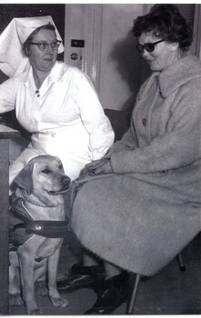 Matron with a blind patient and her guide dog in 1963, Queen Victoria Womens Centre [ca.2000]