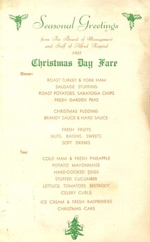 Menu: Christmas Day Fare, Alfred Hospital , 1955
