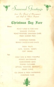 Menu: Christmas Day Fare, Alfred Hospital , 1955