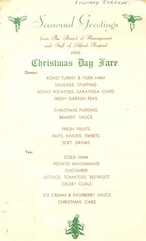 Christmas Day Fare, Alfred Hospital , 1956