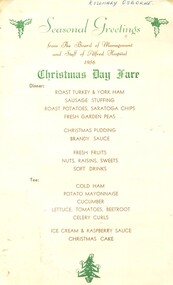 Christmas Day Fare, Alfred Hospital , 1956