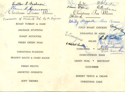 Inside Christmas Card with menu, Alfred Hospital , 1949