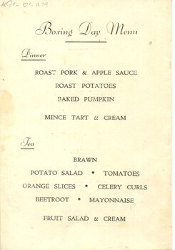 Back of Christmas Card with menu, Alfred Hospital , 1949