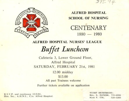Front of Alfred Hospital School of Nursing Centenary buffet luncheon invitation, 1981