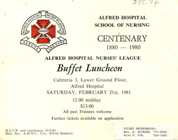 Front of Alfred Hospital School of Nursing Centenary buffet luncheon invitation, 1981