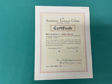 Swinburne Technical College, Hawthorn, Invalid Cookery Ceritficate