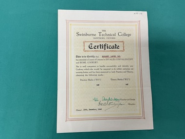 Swinburne Technical College, Hawthorn, Invalid Cookery Ceritficate