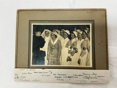 Photograph - Mounted photo Lady Mann, Matron Grace Wilson and Nurses, Presentation of 1938 Graduate Prizes