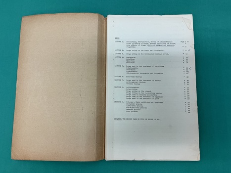 On the right of the picture is the black printed index for the lecture notes on light cream paper.