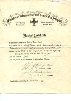 Front of Moorield's Westminster and Central Eye Hospital Nurse's Certificate