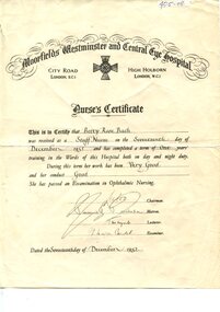 Front of Moorield's Westminster and Central Eye Hospital Nurse's Certificate