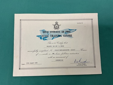 Certificate - Royal Australian Airforce F111C Traininging Cectre Certificate, Royal Australian Air Force F111C training centre, F111C familiarization (short) course certificate, [ca.1969]