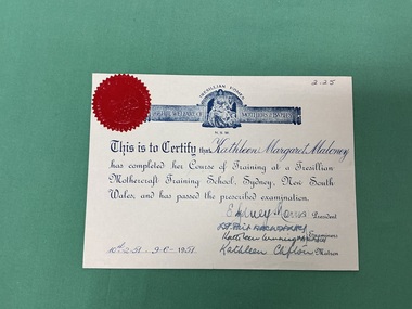 Certificate - Infant Welfare Certificate, Tresillian Homes, Tresillian Homes Mothercraft training School Certificate, [ca.1951]