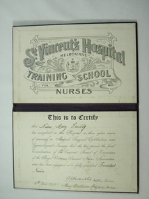 Certificate, St Vincent's Hospital Melbourne Nurses Training School certificate awarded to Nurse Mary Freitag, 6th June 1910, 06/06/1910