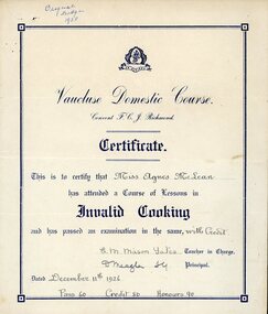 Certificate, Vaucluse College Certificate in Invalid Cooking for Agnes McLean in 1926