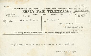 Document - Telegram from Mother Rectress, St Vincent's Hospital Melbourne to Agnes McLean