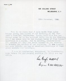 Document - Reference for Agnes McLean from Dr Leo Doyle regarding her qualities as a nurse, 1928