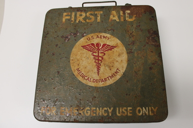 U.S Army first aid kit in metal tin as carried in vehicles in Vietnam war.