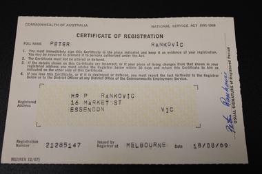 White card of Certificate of Registration issued to Peter Rankovic on conscription