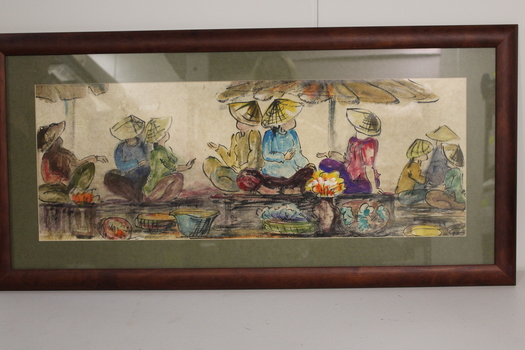 A water colour and ink painting of Vietnamese women on rice paper.