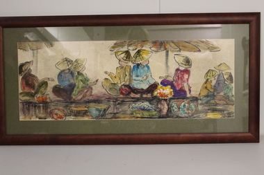 A water colour and ink painting of Vietnamese women on rice paper.