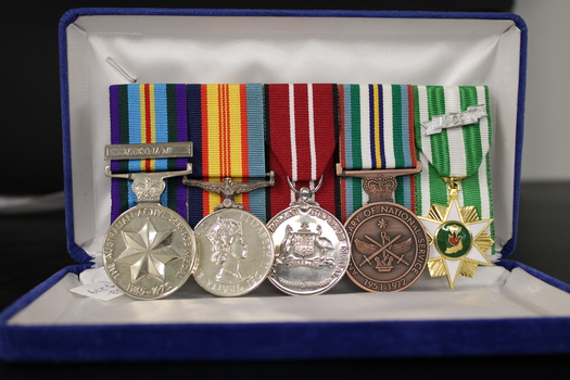 5 medals in a blue velvet display box on white satin.