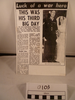 "Luck of a war hero" on top and a wedding picture of Jock Sutherland and his bride. 