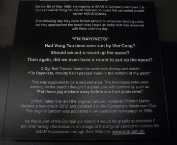 A poster information board, white text on black, for cartoon in 5RAR display.
