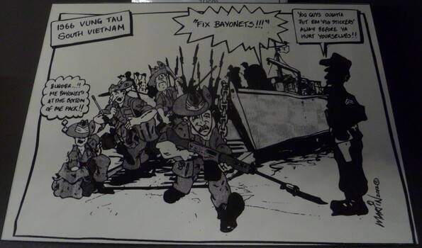 A black and white cartoon of confused soldiers getting off a ship in Vung Tau 1966 being instructed to fix their bayonets .  