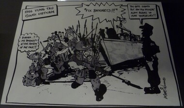 A black and white cartoon of confused soldiers getting off a ship in Vung Tau 1966 being instructed to fix their bayonets .  