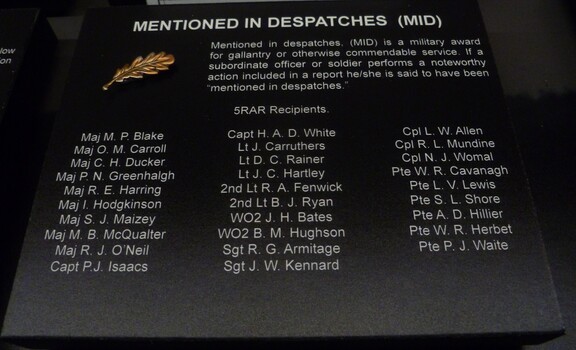 Mentioned in Despatches (MID) for 5RAR Recipients