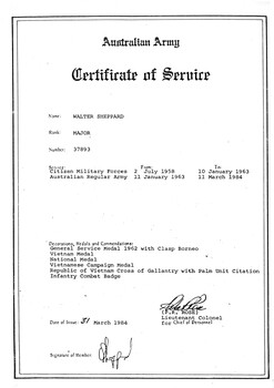 Copy of Certificate of Service relating to Major Wally Sheppard