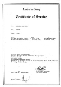 Copy of Certificate of Service relating to Major Wally Sheppard