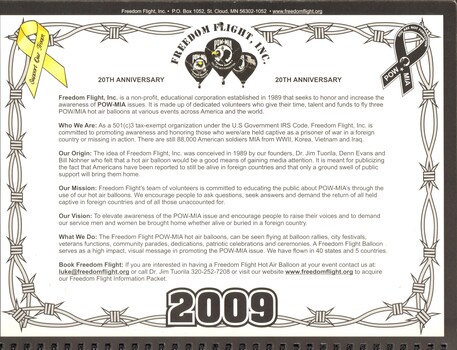 Inside of front cover reads Freedom Flight Inc. 20th anniversary Memorabilia: POW, MIA 2009 Calendar