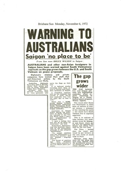 Copy of a Newspaper article: Warning to Australians, Saigon 'no place to be'. 
