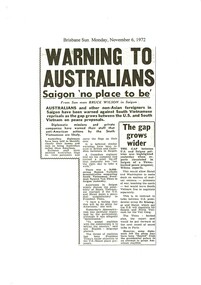 Copy of a Newspaper article: Warning to Australians, Saigon 'no place to be'. 