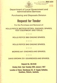 Booklet, Request for Tender for the Purchase and Removal of; Rolls Royce Meteor Petrol Engines, Spares, Test Equipment And Tools etc